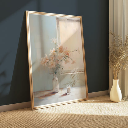 Premium Poster of Pastel Flower Vase by a Sunlit Window for Home Decor Posters