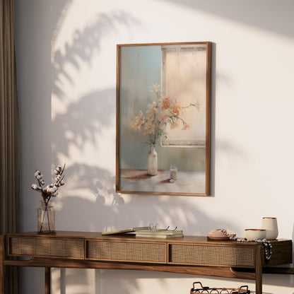 Premium Poster of Pastel Flower Vase by a Sunlit Window for Home Decor Posters