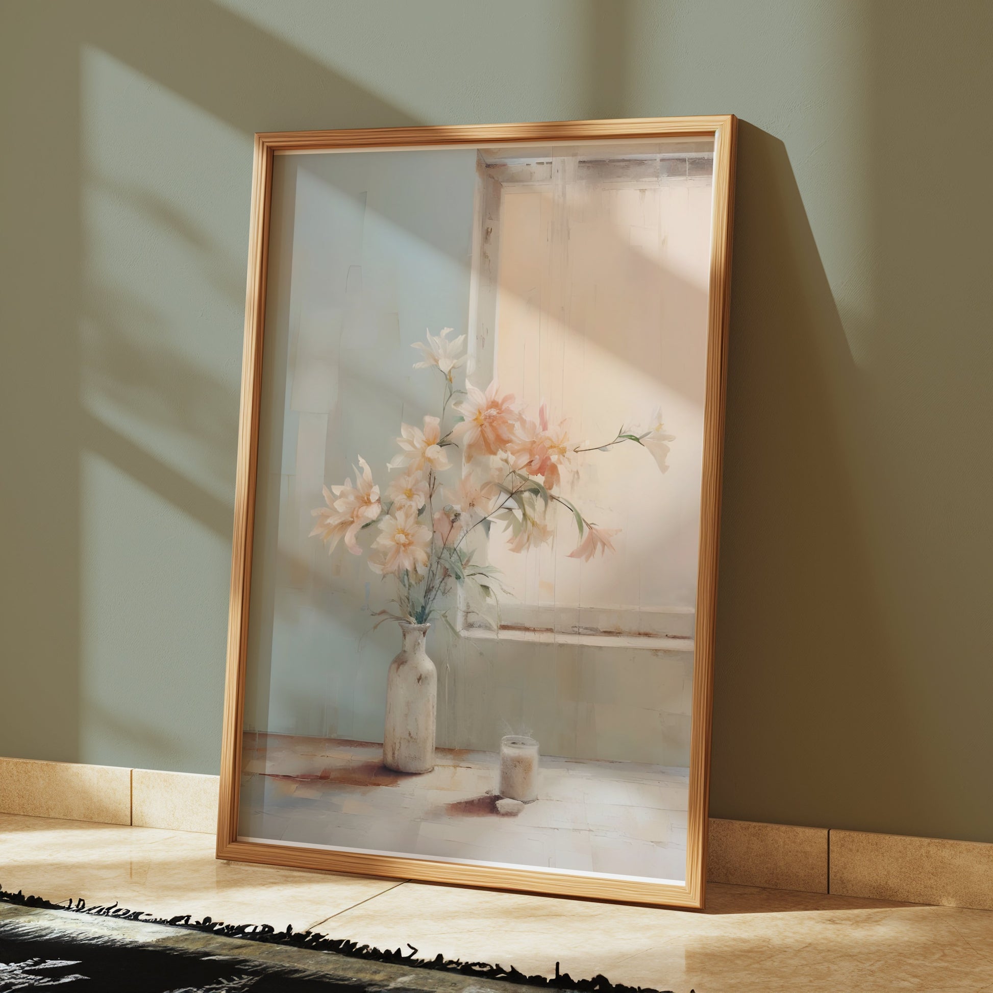 Premium Poster of Pastel Flower Vase by a Sunlit Window for Home Decor Posters