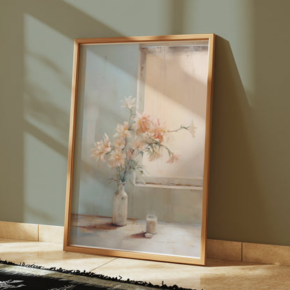 Premium Poster of Pastel Flower Vase by a Sunlit Window for Home Decor Posters
