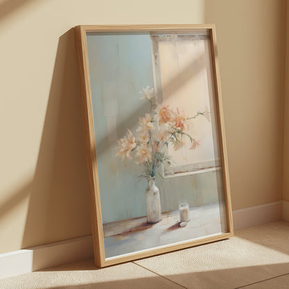 Premium Poster of Pastel Flower Vase by a Sunlit Window for Home Decor Posters
