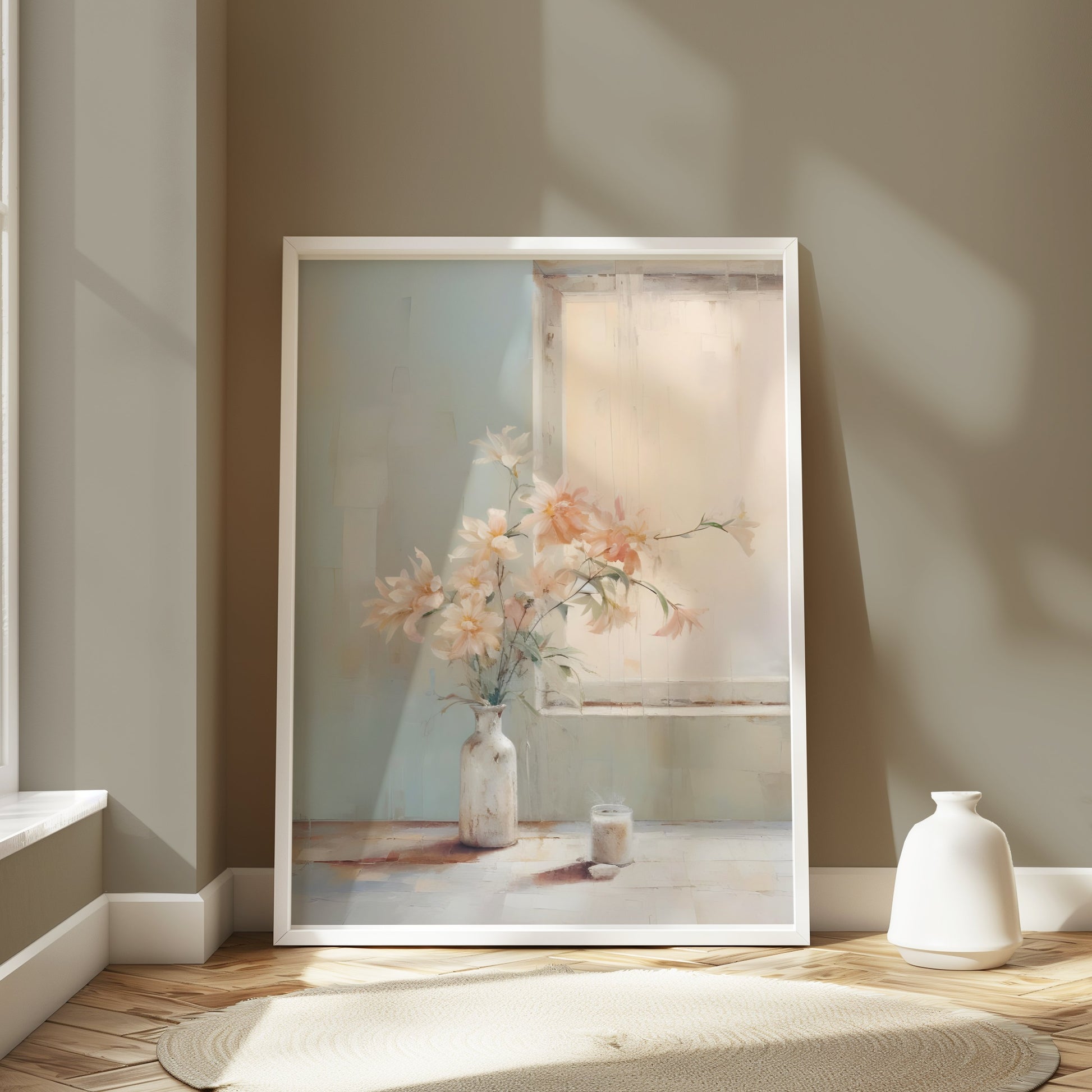 Premium Poster of Pastel Flower Vase by a Sunlit Window for Home Decor Posters