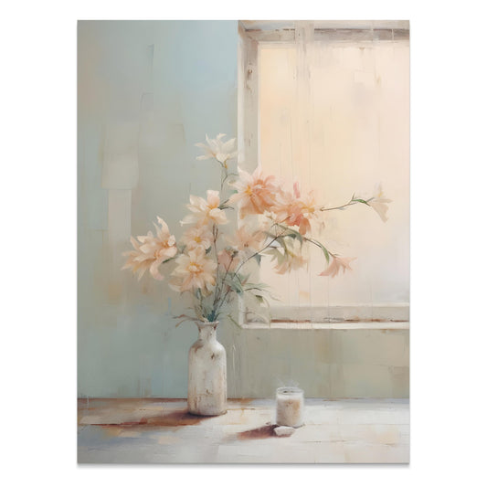 Premium Poster of Pastel Flower Vase by a Sunlit Window for Home Decor Posters