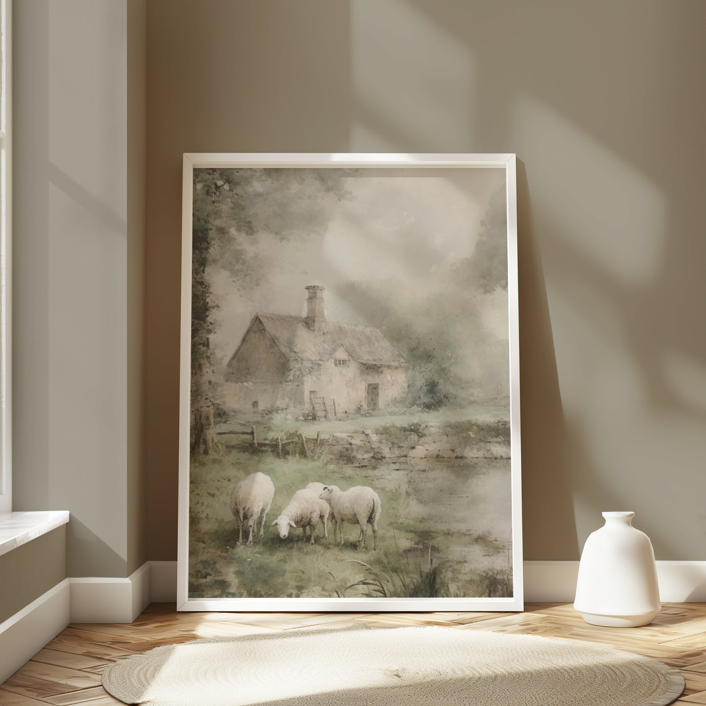 Premium Poster of Pastoral Landscape With Cottage And Sheep Art Posters