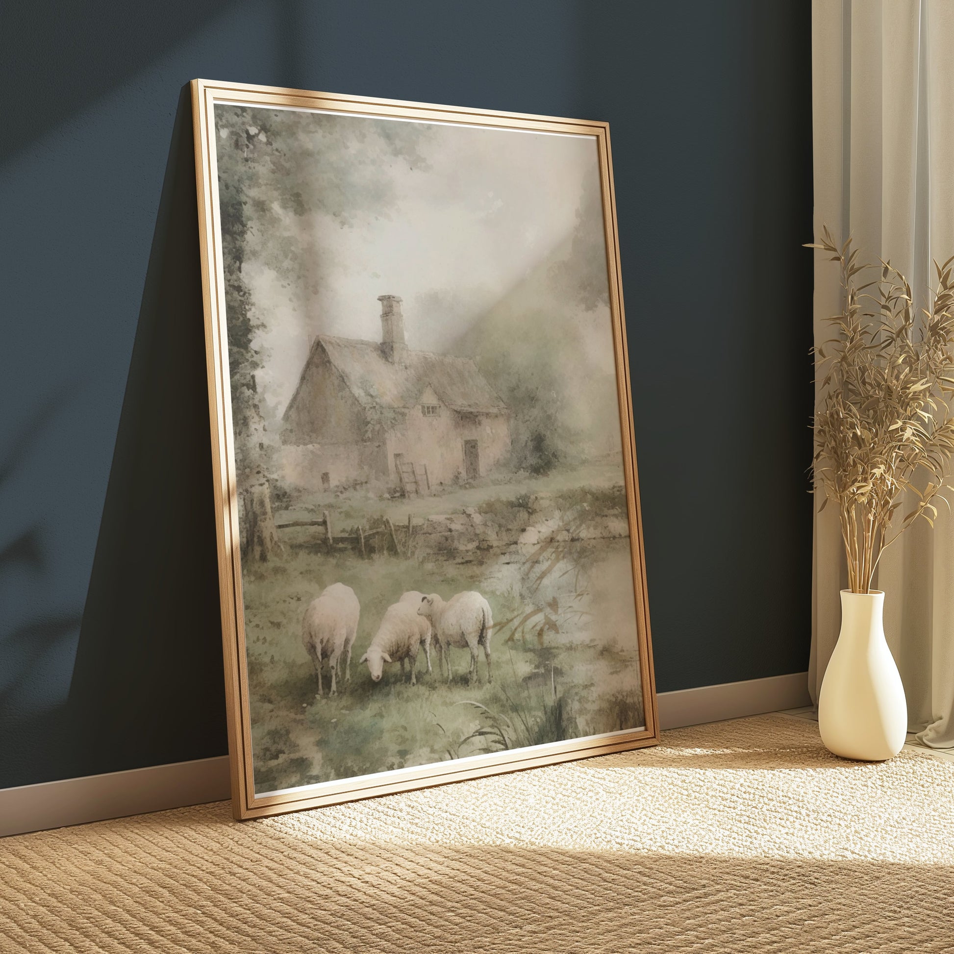Premium Poster of Pastoral Landscape With Cottage And Sheep Art Posters