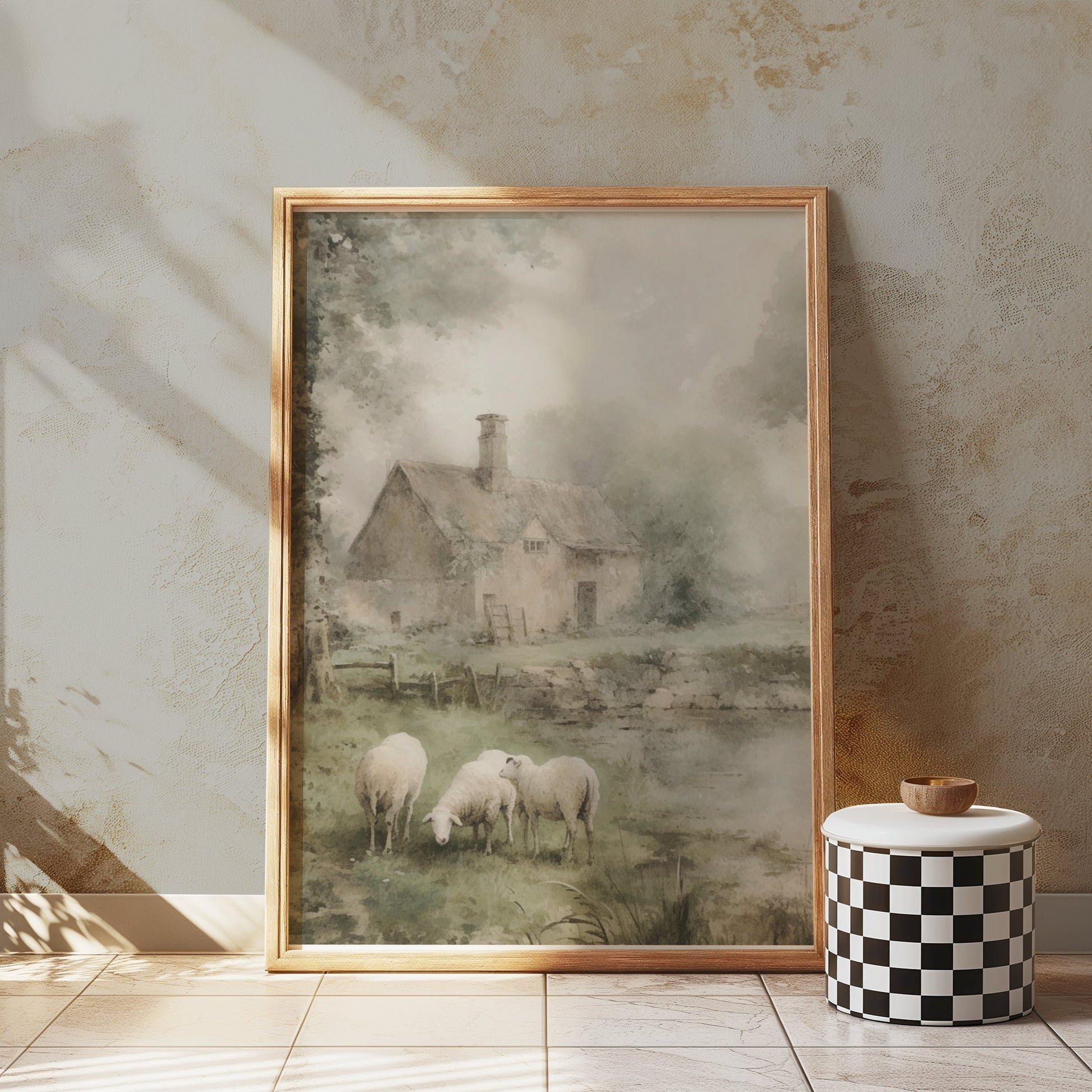 Premium Poster of Pastoral Landscape With Cottage And Sheep Art Posters