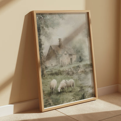 Premium Poster of Pastoral Landscape With Cottage And Sheep Art Posters