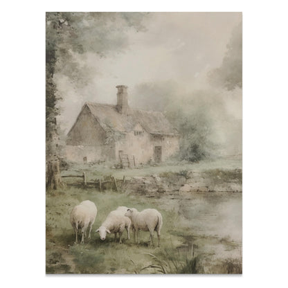 Premium Poster of Pastoral Landscape With Cottage And Sheep Art Posters