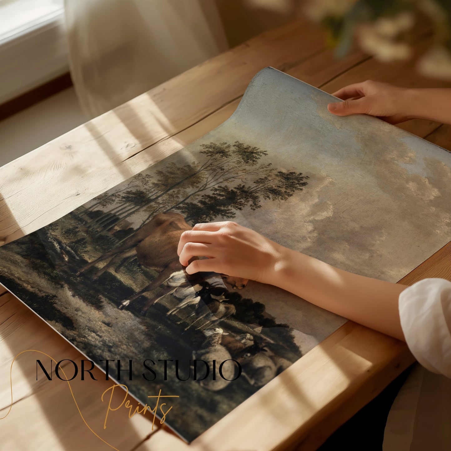 Premium Poster of Pastoral Landscape with Cows and Sheep Art Print Posters
