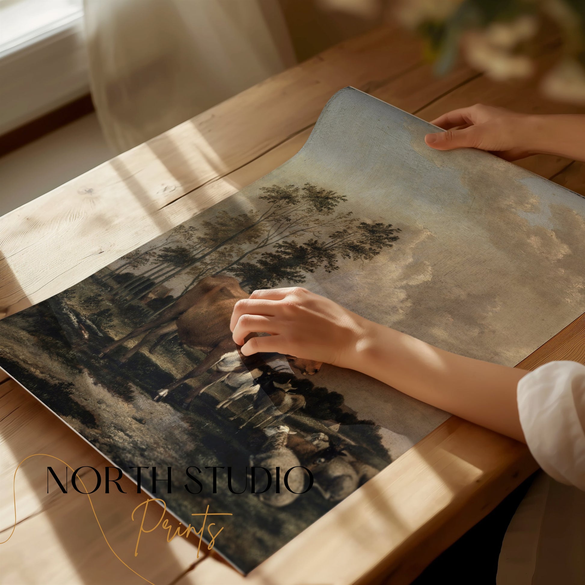 Premium Poster of Pastoral Landscape with Cows and Sheep Art Print Posters