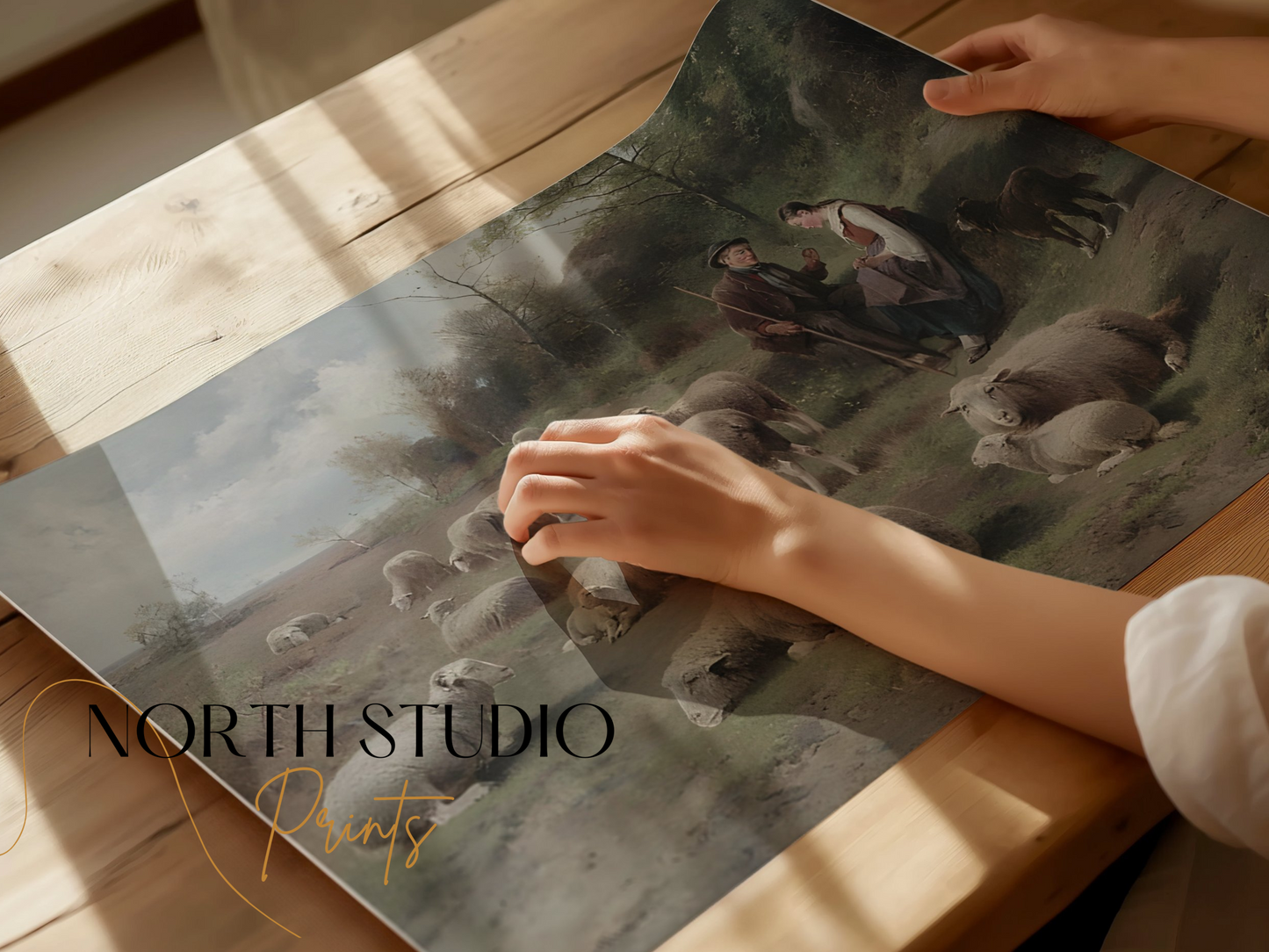 Premium Poster of Pastoral Scene with Shepherds and Grazing Sheep Posters