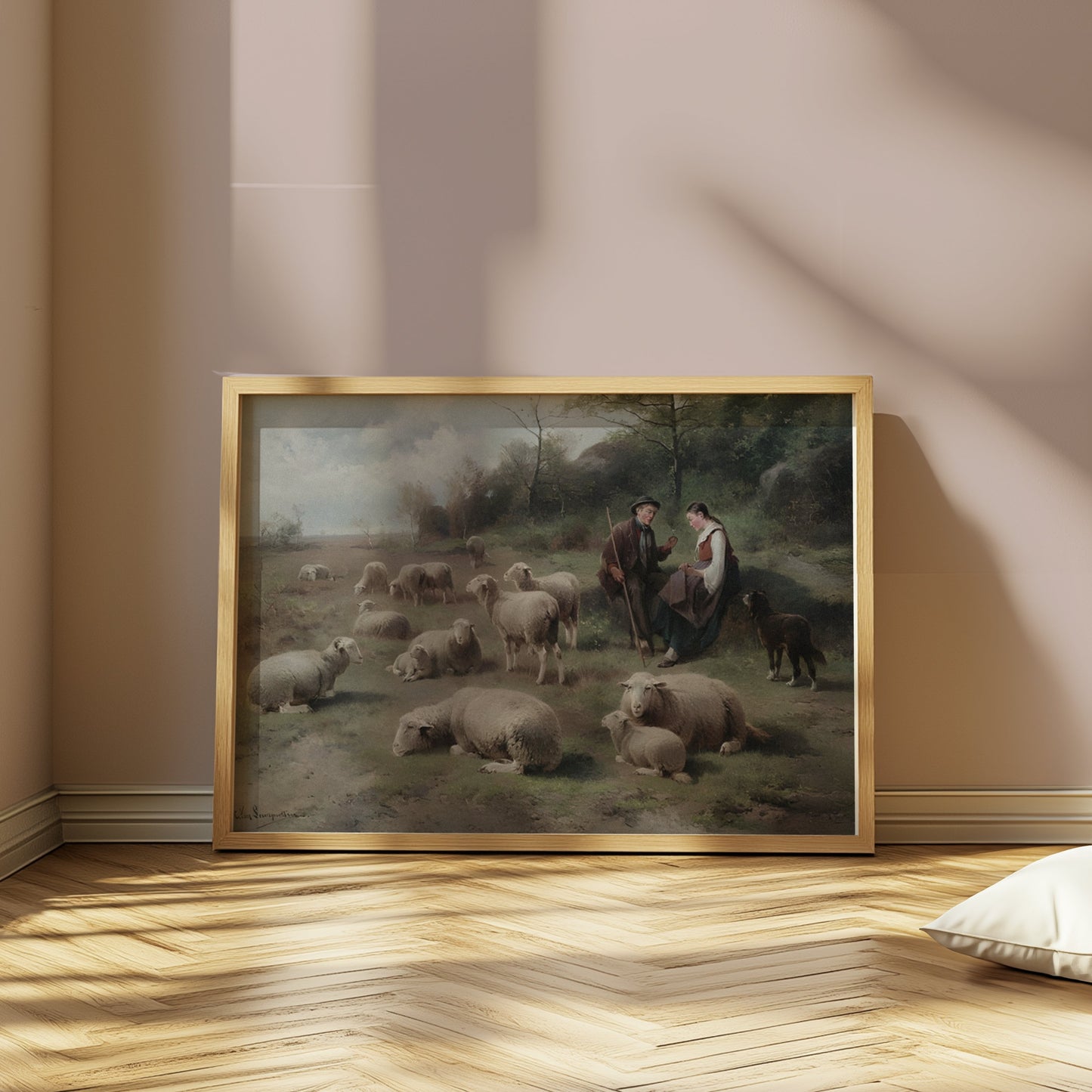 Premium Poster of Pastoral Scene with Shepherds and Grazing Sheep Posters