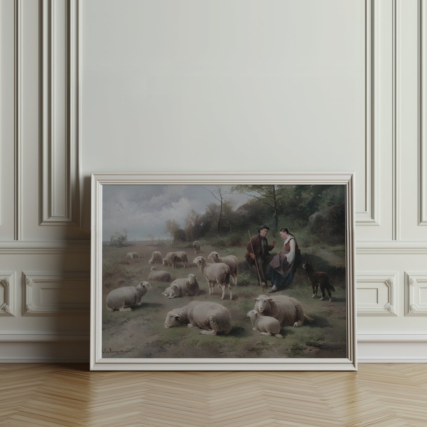 Premium Poster of Pastoral Scene with Shepherds and Grazing Sheep Posters