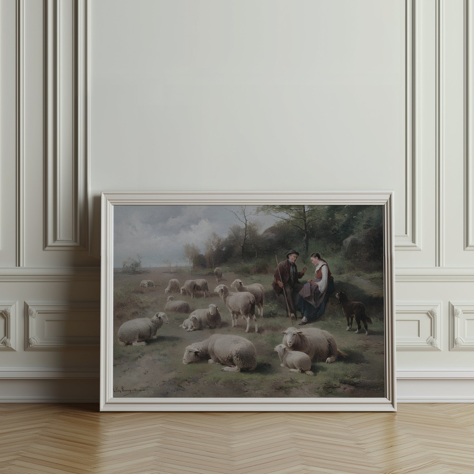 Premium Poster of Pastoral Scene with Shepherds and Grazing Sheep Posters