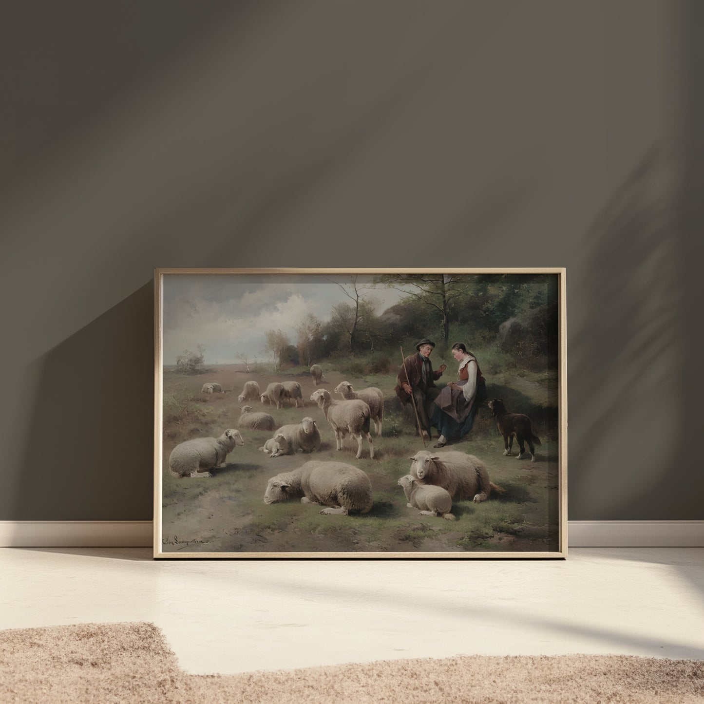 Premium Poster of Pastoral Scene with Shepherds and Grazing Sheep Posters