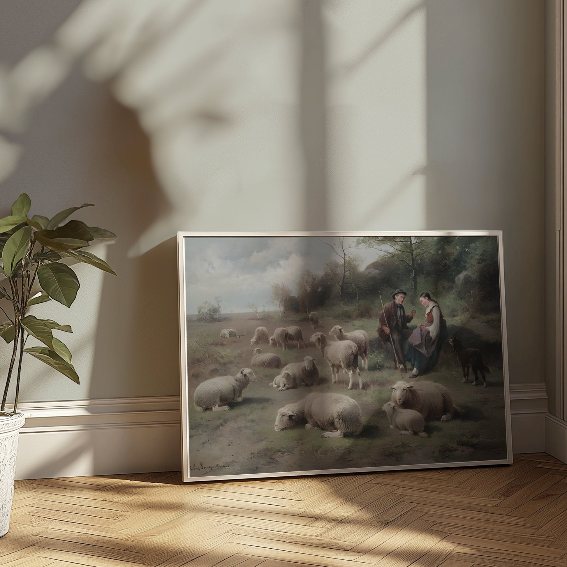 Premium Poster of Pastoral Scene with Shepherds and Grazing Sheep Posters