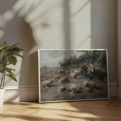 Premium Poster of Pastoral Scene with Shepherds and Grazing Sheep Posters