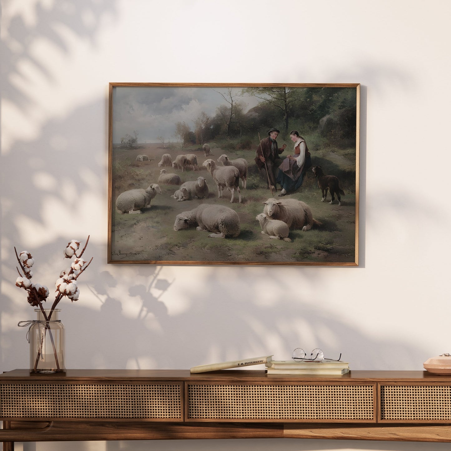 Premium Poster of Pastoral Scene with Shepherds and Grazing Sheep Posters