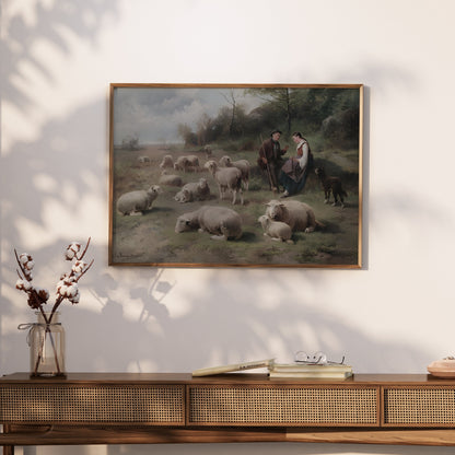 Premium Poster of Pastoral Scene with Shepherds and Grazing Sheep Posters