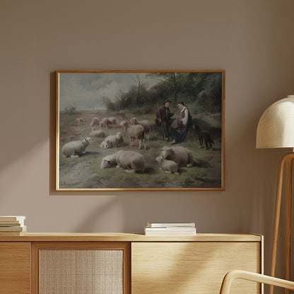 Premium Poster of Pastoral Scene with Shepherds and Grazing Sheep Posters