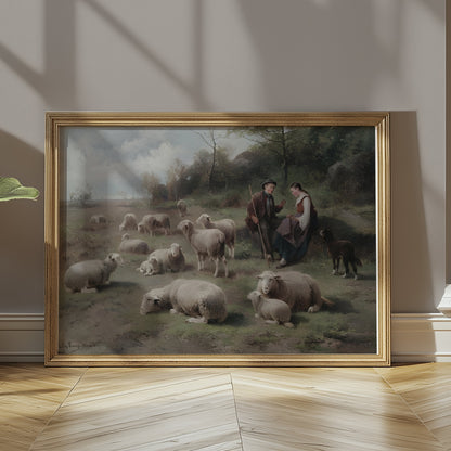 Premium Poster of Pastoral Scene with Shepherds and Grazing Sheep Posters