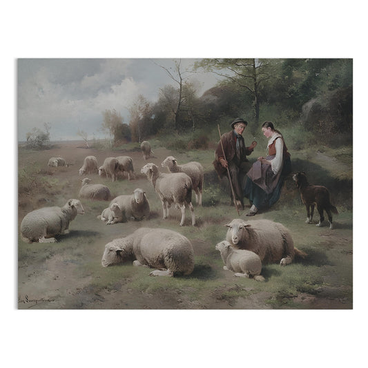 Premium Poster of Pastoral Scene with Shepherds and Grazing Sheep Posters