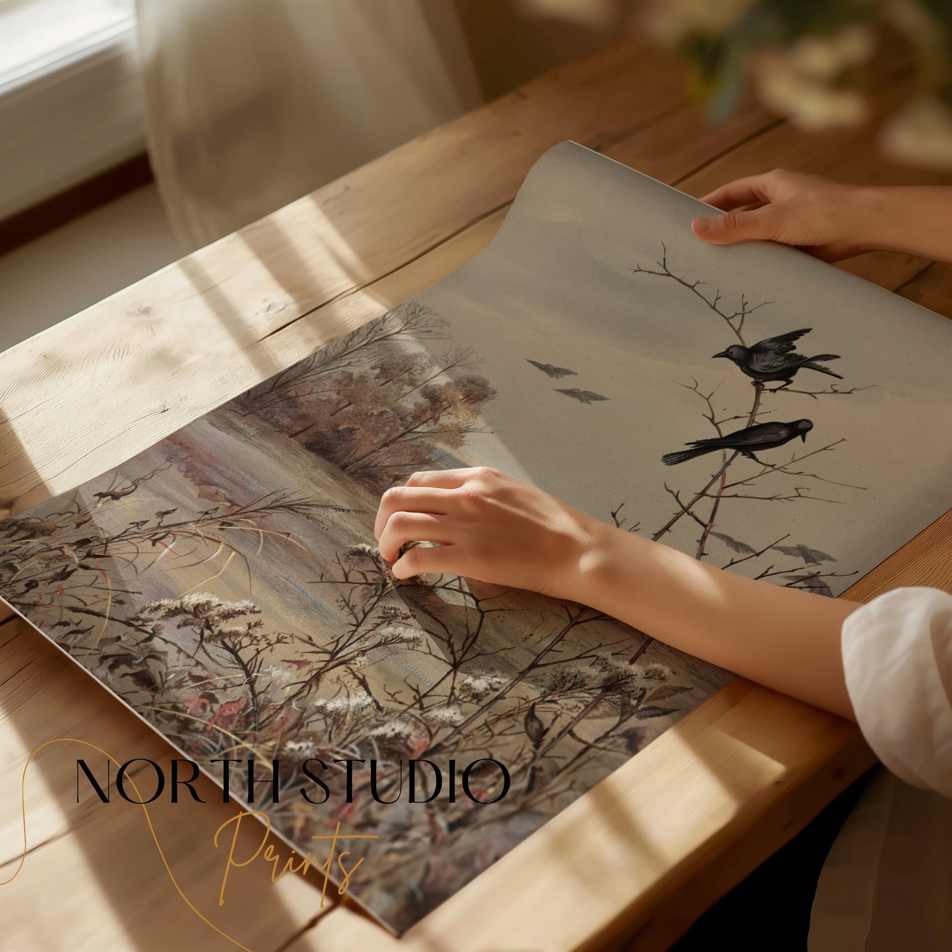 Premium Poster of Peaceful Autumn Landscape Scene with Birds Posters