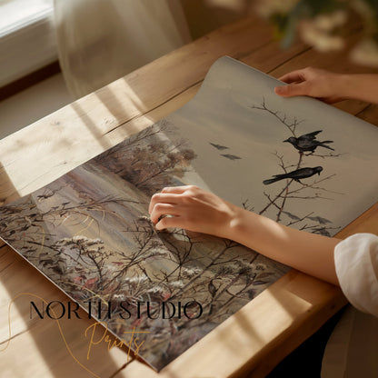 Premium Poster of Peaceful Autumn Landscape Scene with Birds Posters
