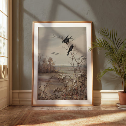 Premium Poster of Peaceful Autumn Landscape Scene with Birds Posters