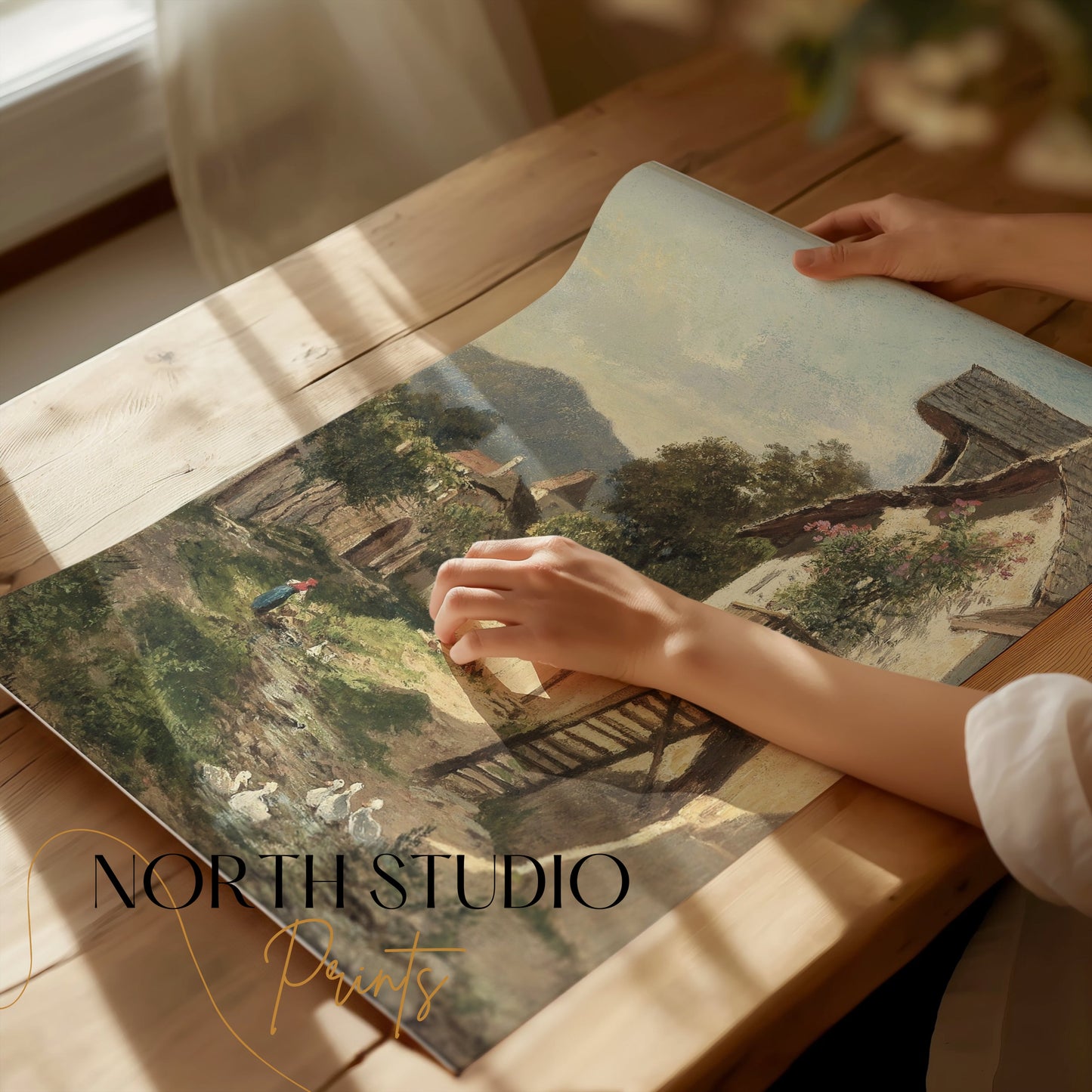 Premium Poster of Peaceful Country Village Landscape Scene Posters