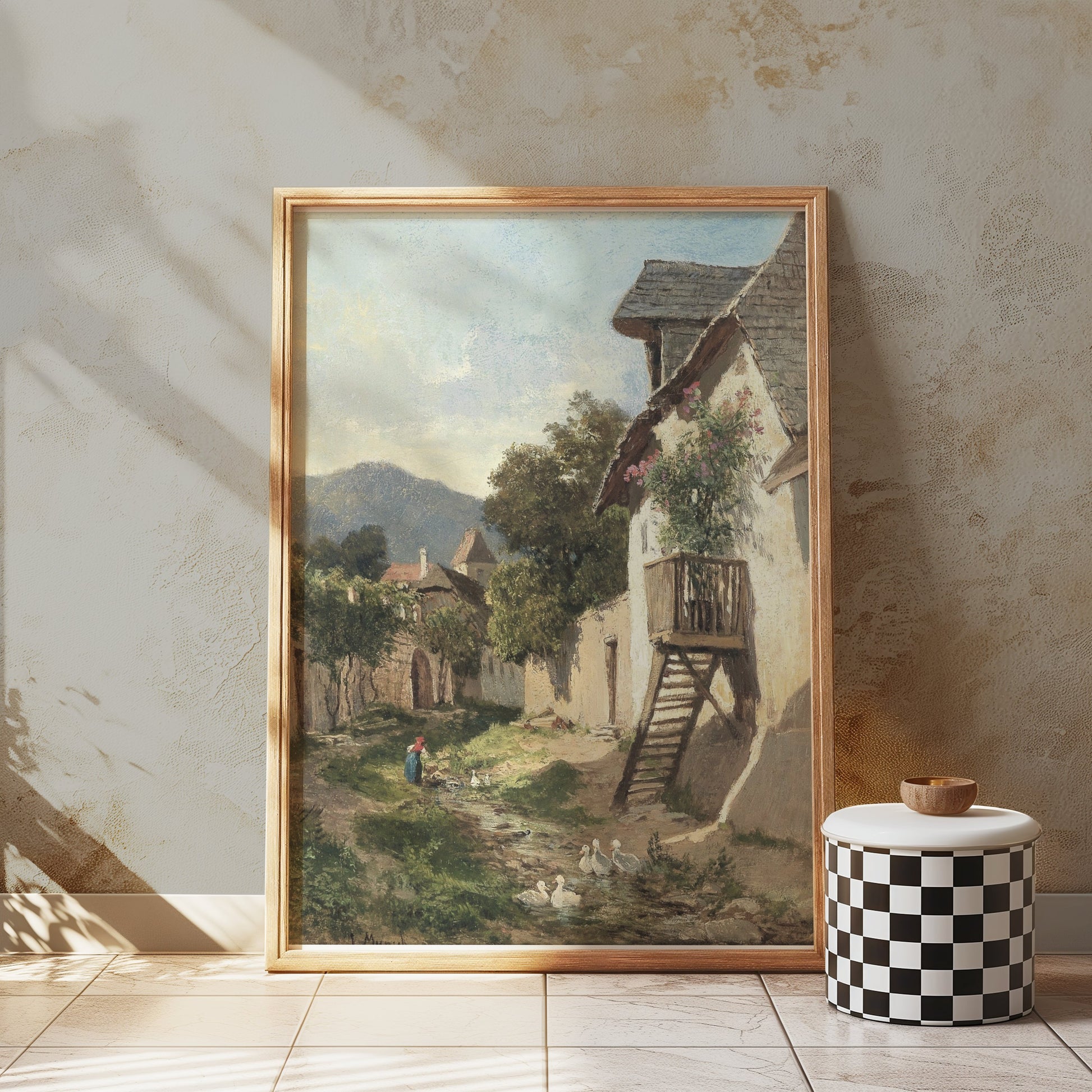 Premium Poster of Peaceful Country Village Landscape Scene Posters