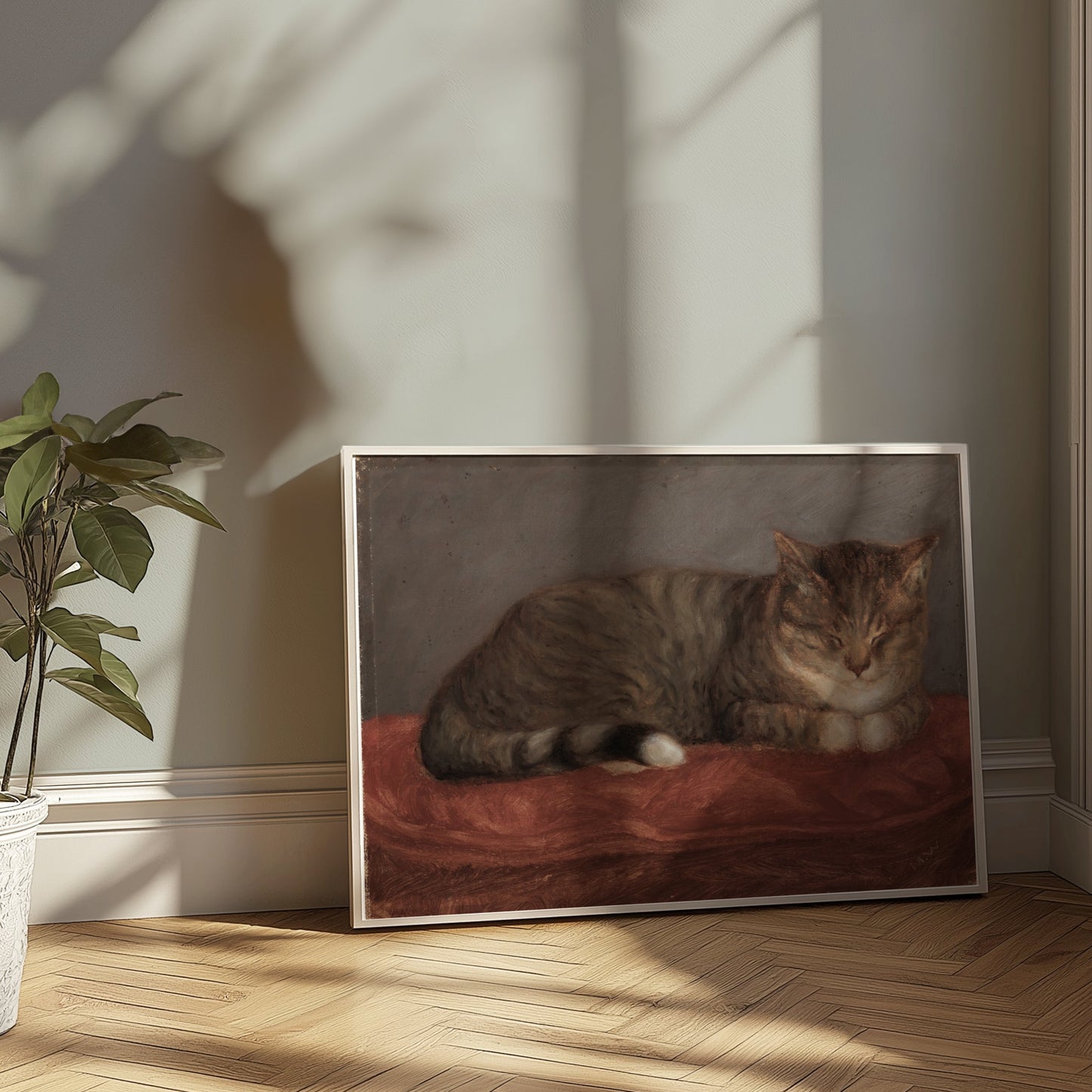 Premium Poster of Peaceful Sleeping Cat on Red Blanket Posters