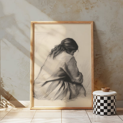Premium Poster of Pensive Woman Art Sketch Contemplation Design Posters