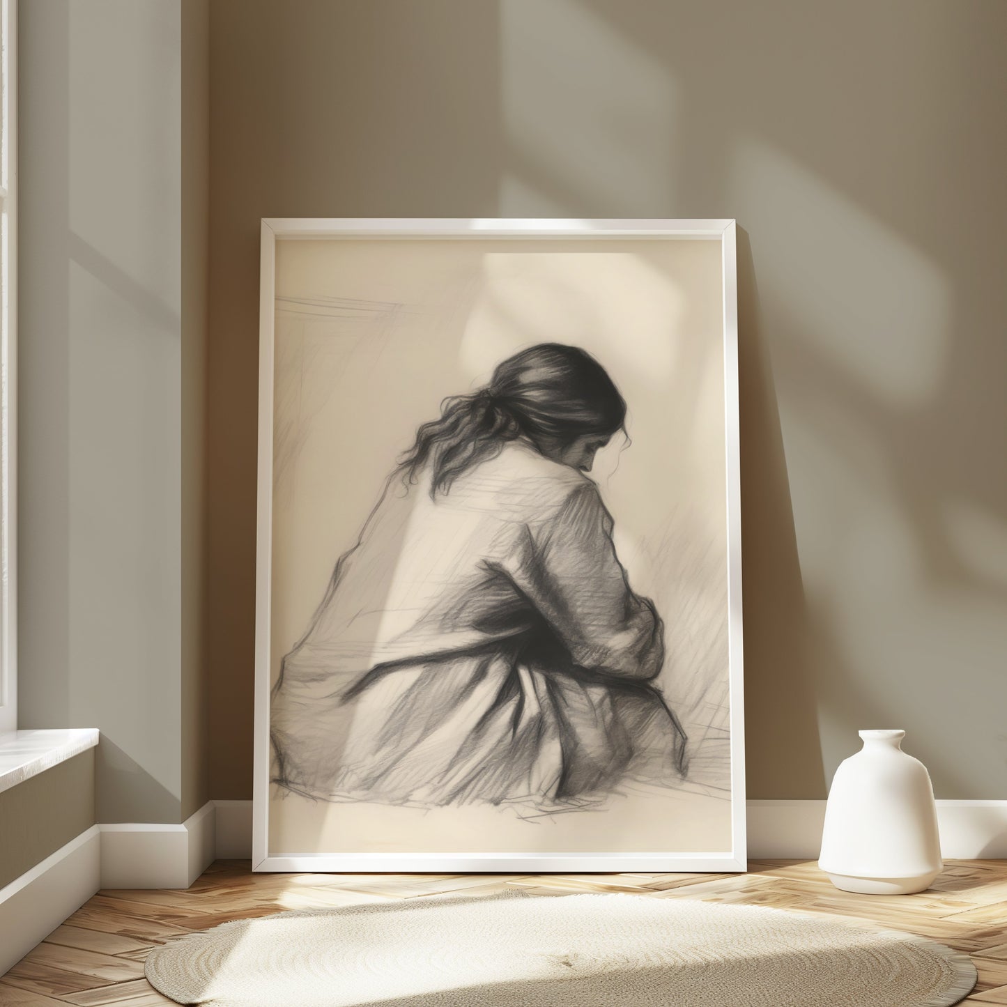 Premium Poster of Pensive Woman Art Sketch Contemplation Design Posters