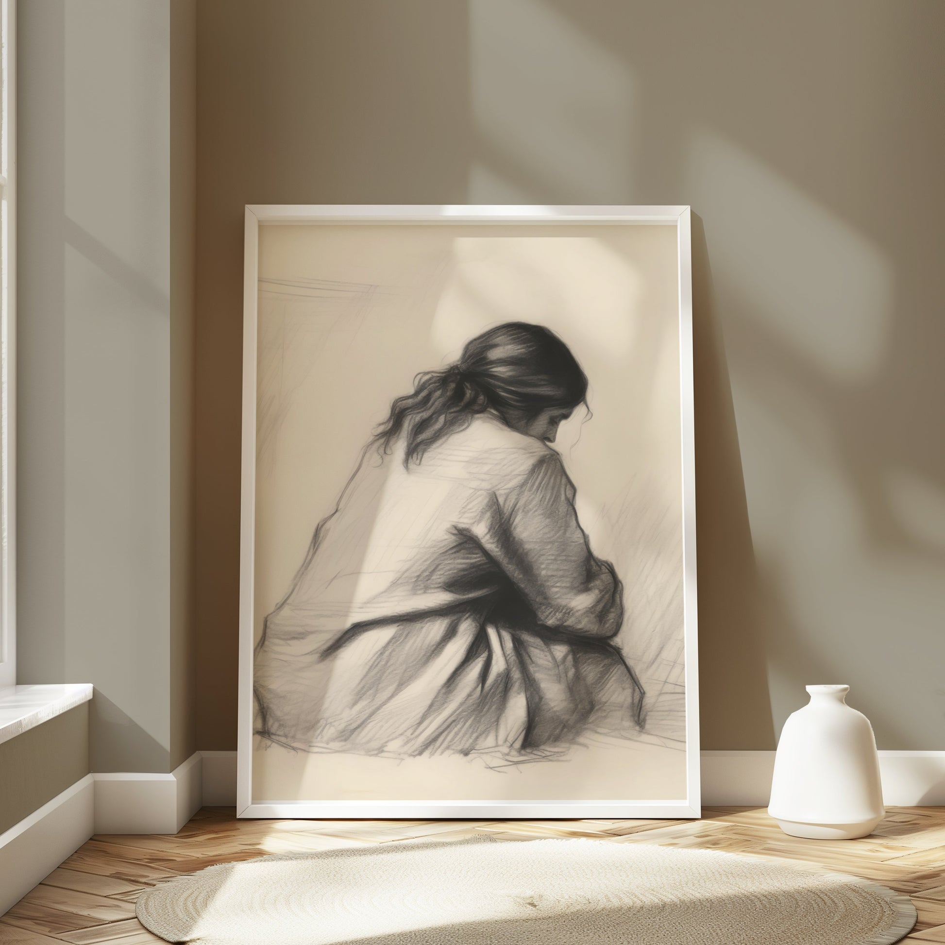 Premium Poster of Pensive Woman Art Sketch Contemplation Design Posters