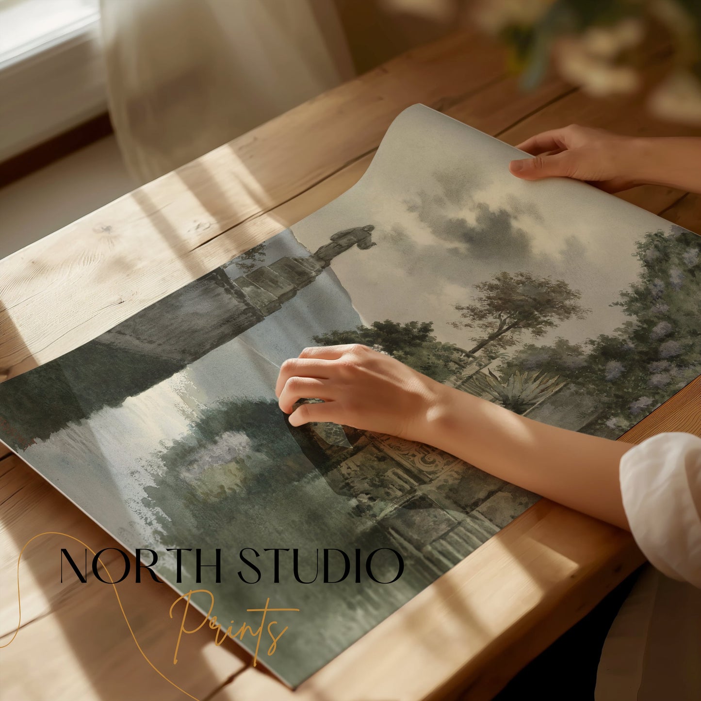 Premium Poster of Picturesque Lakeside View with Statue Art Print Posters