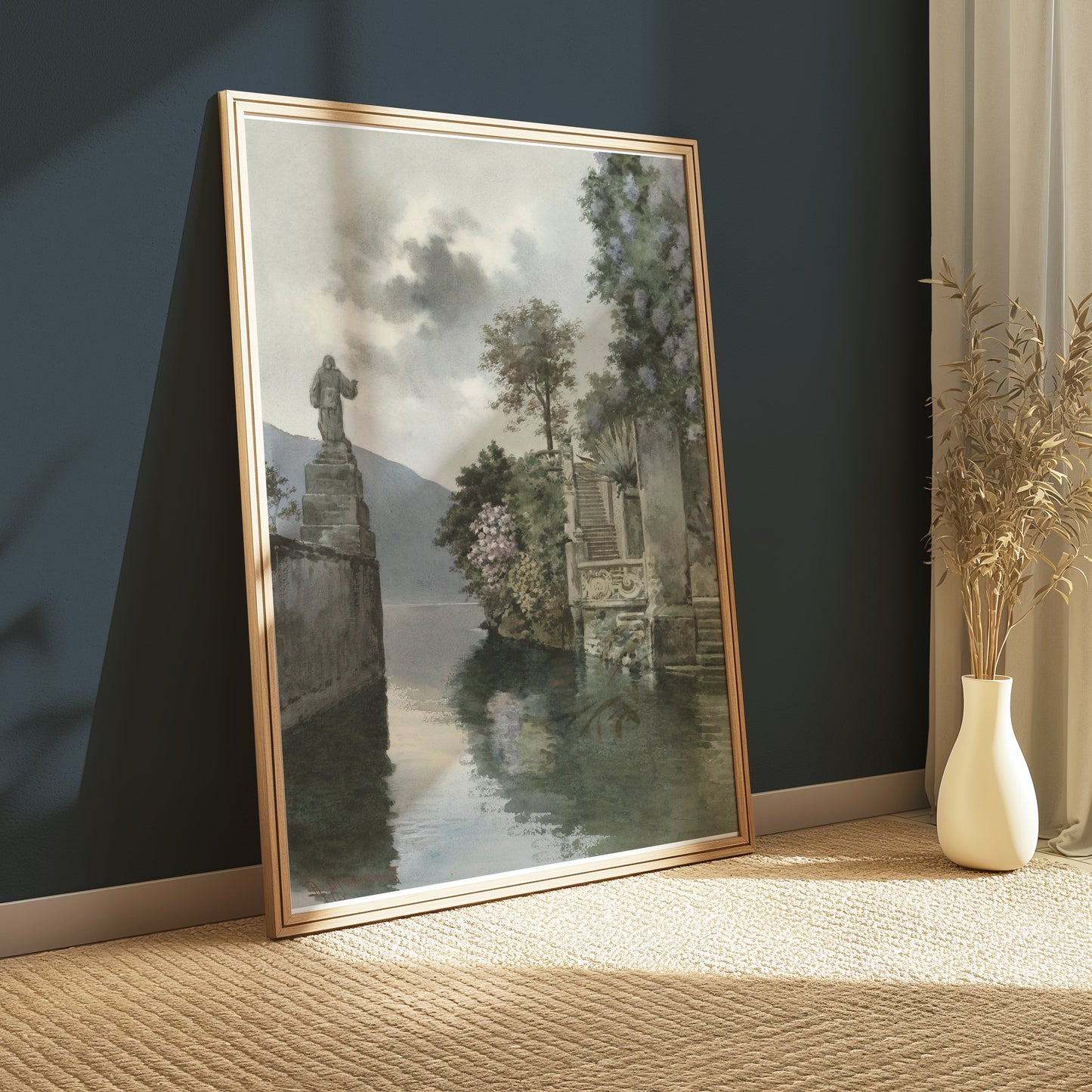 Premium Poster of Picturesque Lakeside View with Statue Art Print Posters