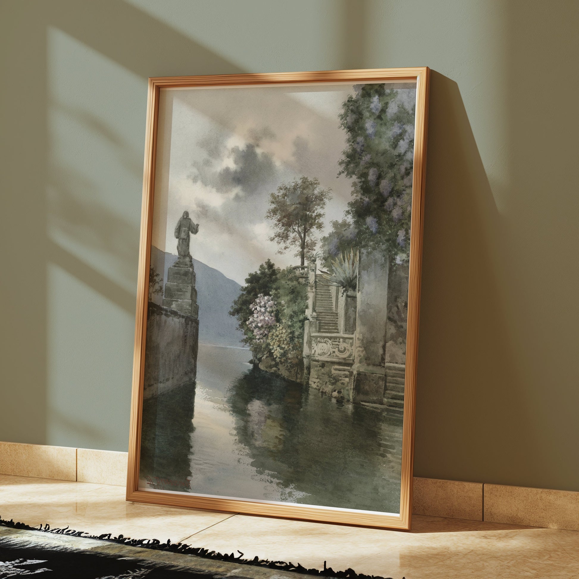 Premium Poster of Picturesque Lakeside View with Statue Art Print Posters