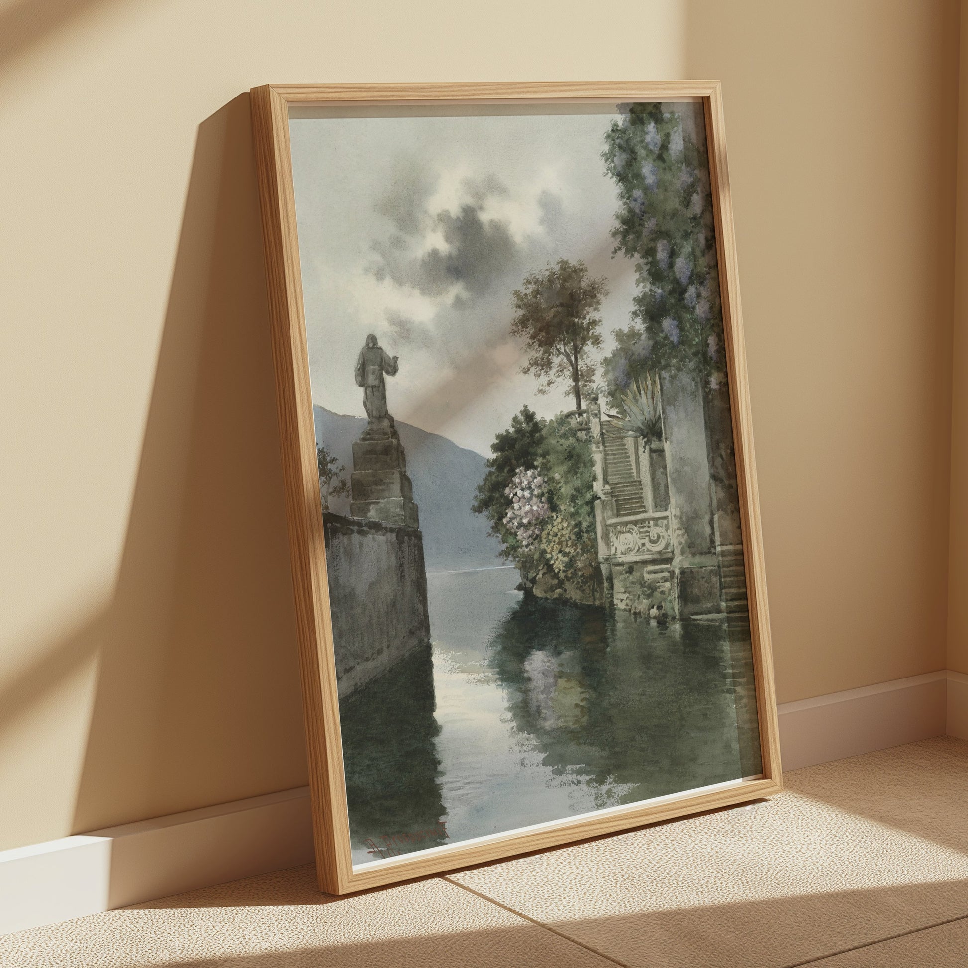 Premium Poster of Picturesque Lakeside View with Statue Art Print Posters