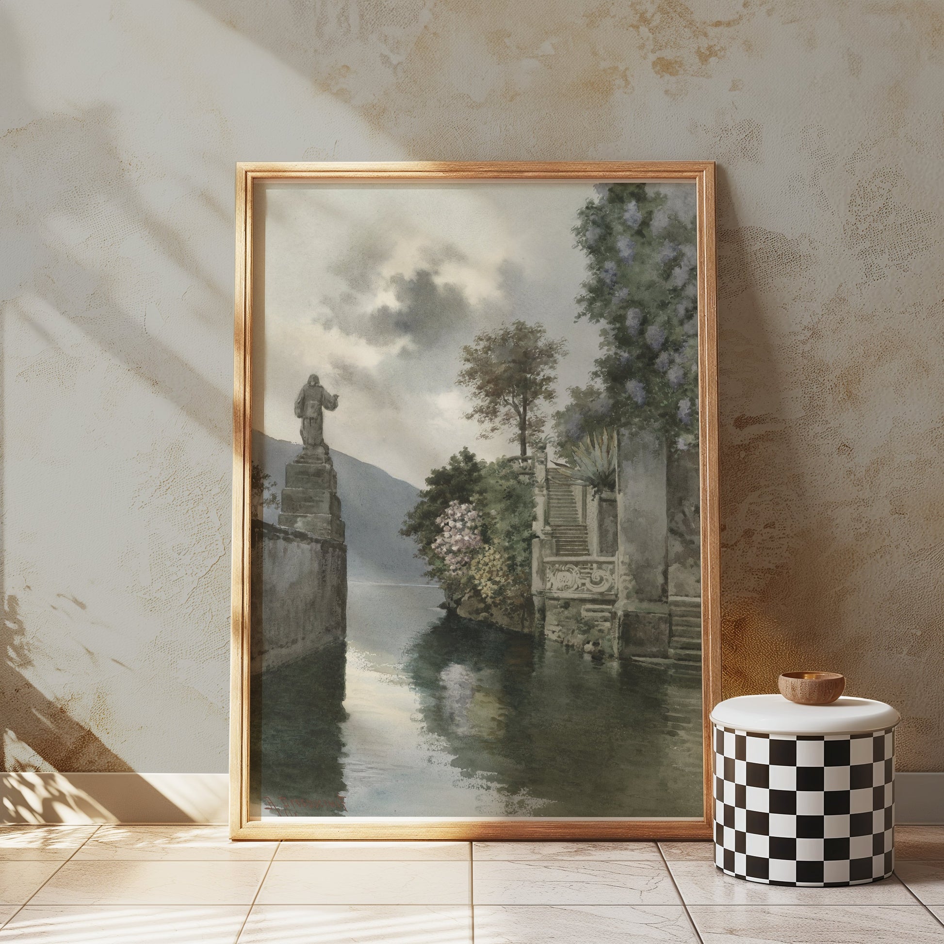 Premium Poster of Picturesque Lakeside View with Statue Art Print Posters