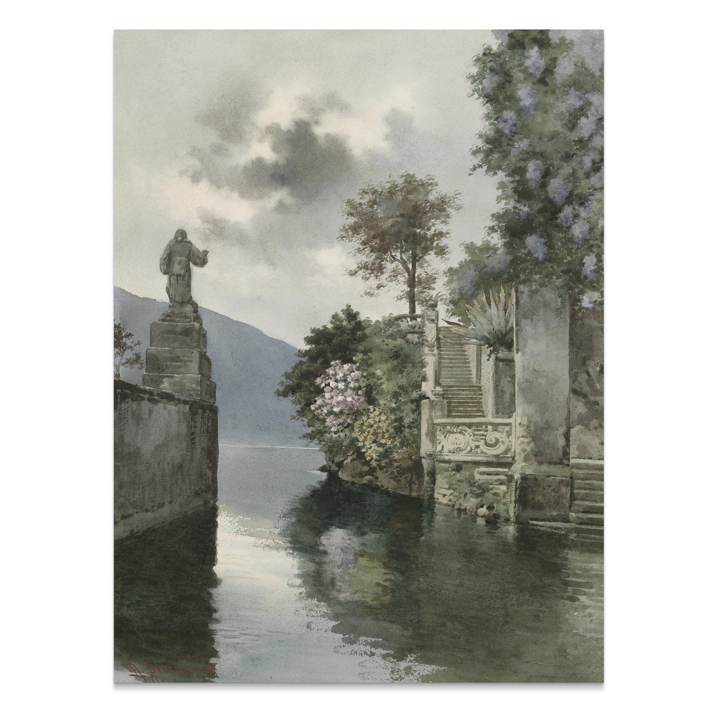 Premium Poster of Picturesque Lakeside View with Statue Art Print Posters