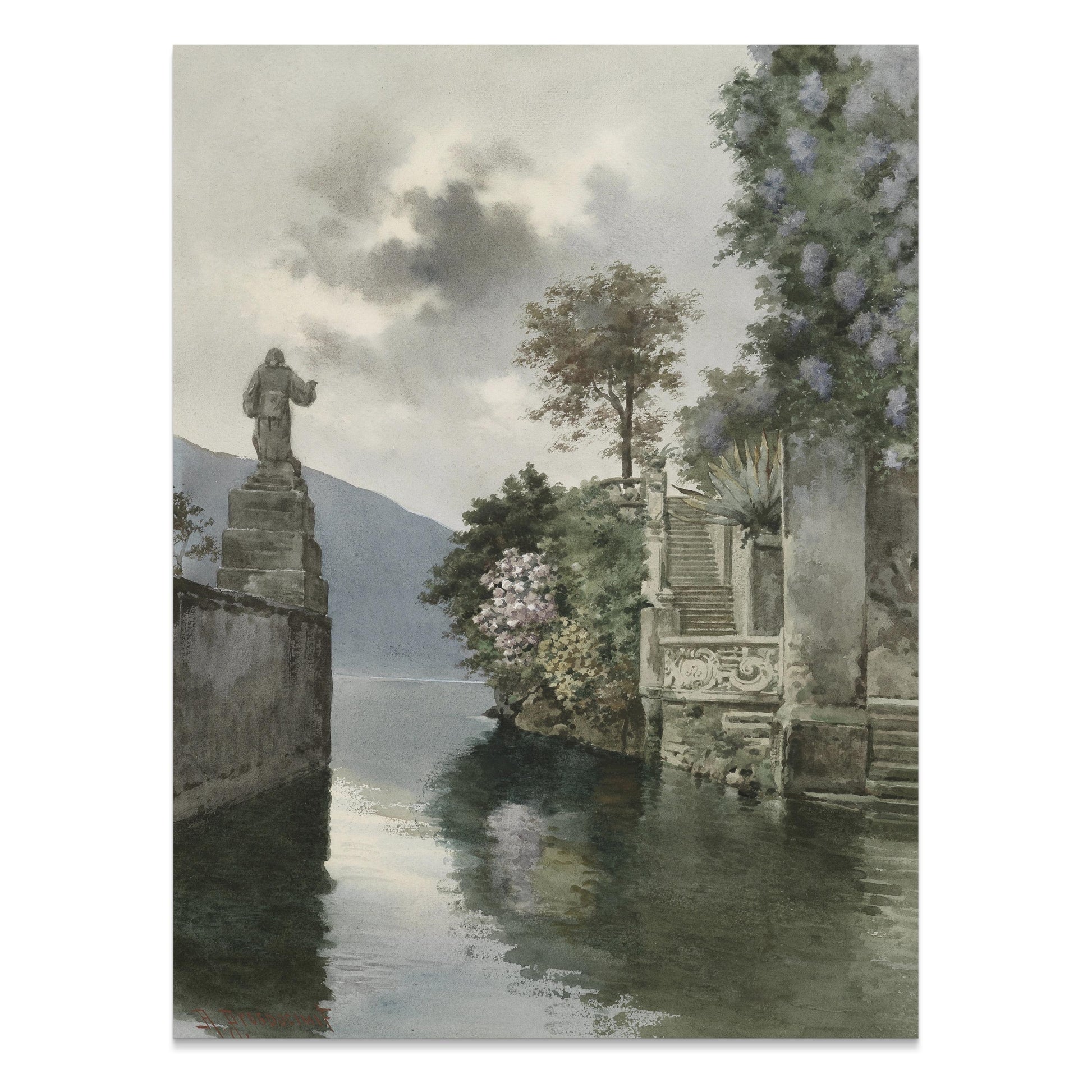 Premium Poster of Picturesque Lakeside View with Statue Art Print Posters