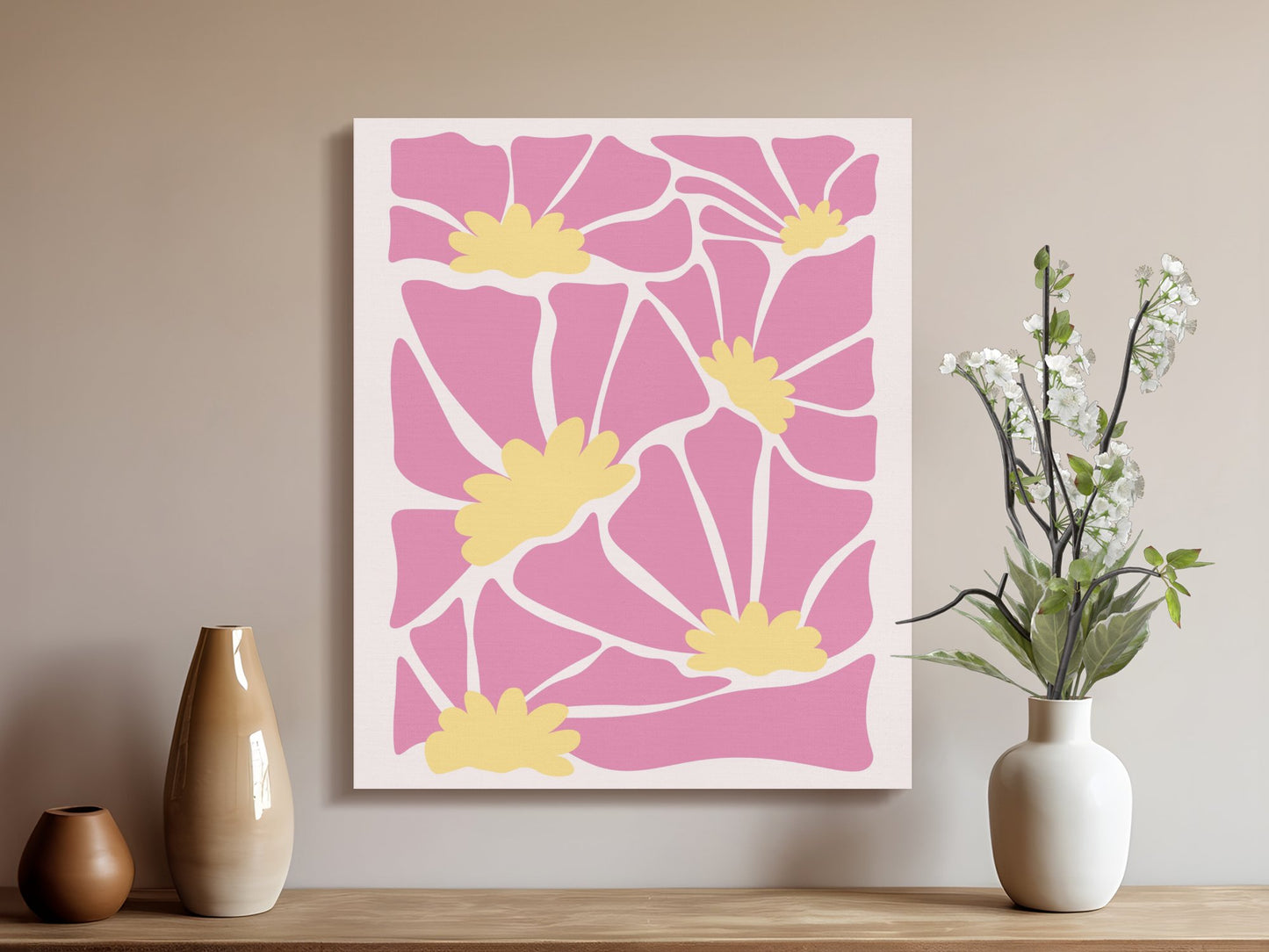Premium Poster of Pink Floral Pattern Yellow Flowers Canvas Wraps