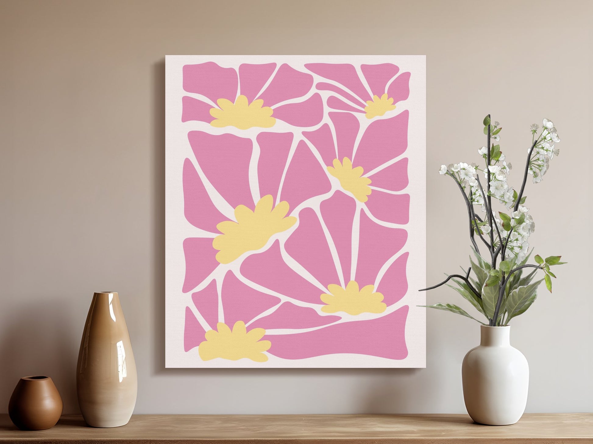 Premium Poster of Pink Floral Pattern Yellow Flowers Canvas Wraps