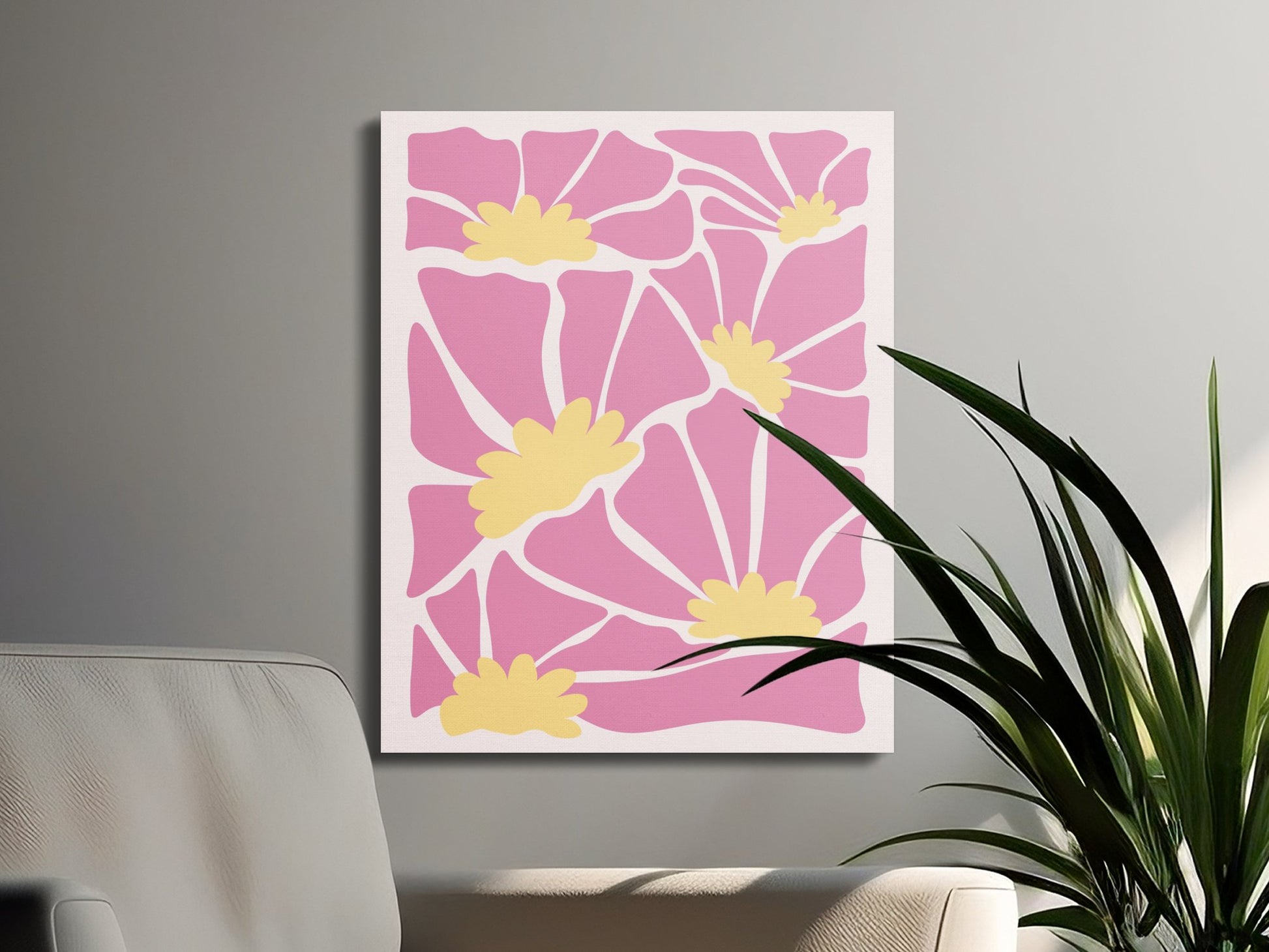 Premium Poster of Pink Floral Pattern Yellow Flowers Canvas Wraps