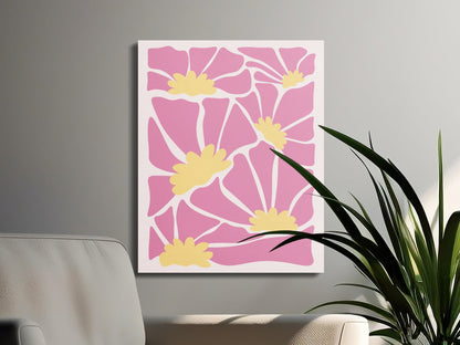 Premium Poster of Pink Floral Pattern Yellow Flowers Canvas Wraps