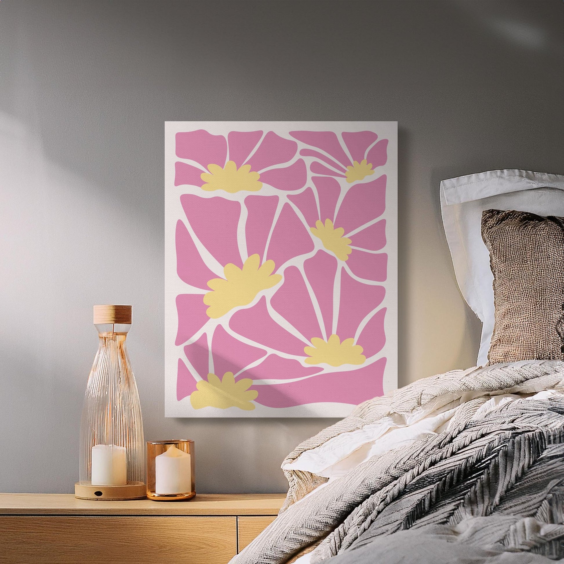 Premium Poster of Pink Floral Pattern Yellow Flowers Canvas Wraps