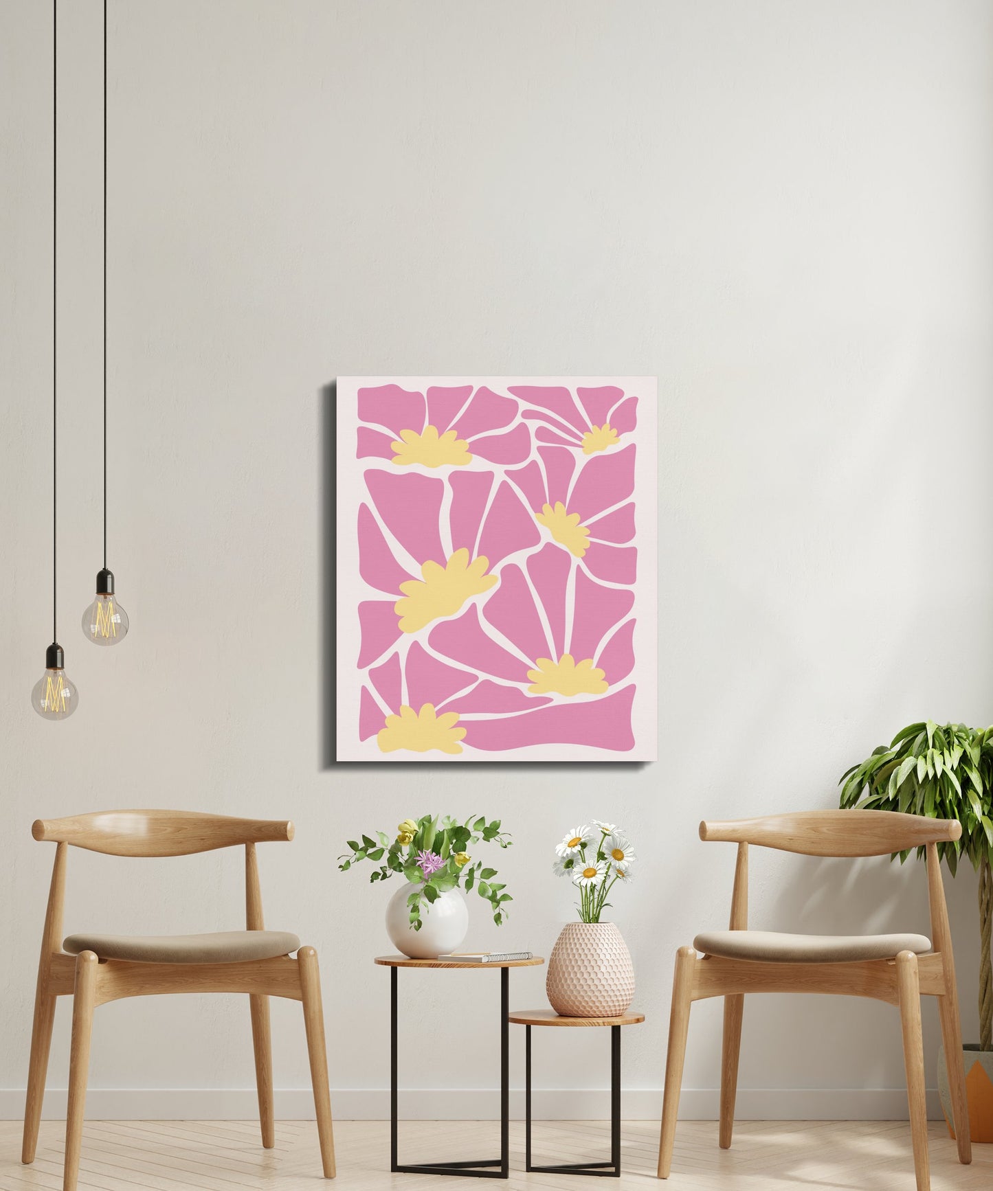 Premium Poster of Pink Floral Pattern Yellow Flowers Canvas Wraps