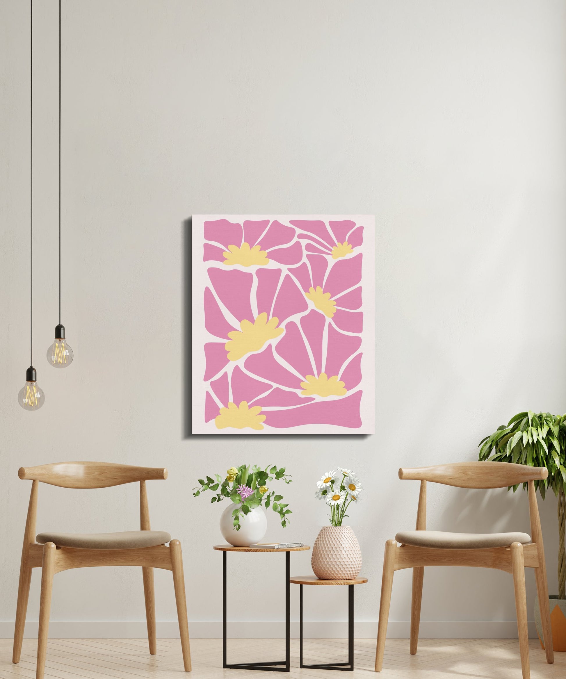 Premium Poster of Pink Floral Pattern Yellow Flowers Canvas Wraps