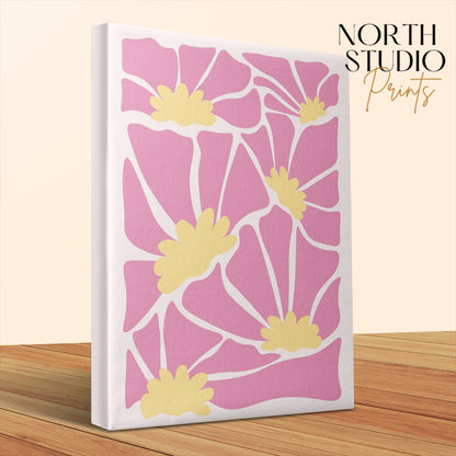 Premium Poster of Pink Floral Pattern Yellow Flowers Canvas Wraps